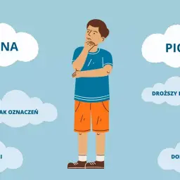Chłopak zastanawia się nad wyborem: ekonomiczna poczta (tańsza, bez oznaczeń, 3 dni) czy priorytetowa (droższa, z oznaczeniem priorytet, następny dzień).