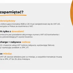 Pamiętaj o VAT-UE: obowiązek rejestracji, stawka 0% z dowodami, reverse charge i miesięczne raporty. Kluczowe dla wewnątrzwspólnotowe nabycie towarów.