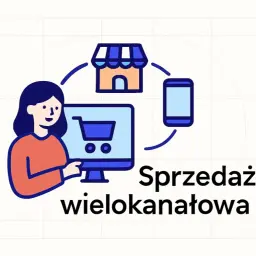 Kobieta korzysta z komputera, telefonu i sklepu stacjonarnego, co symbolizuje sprzedaż wielokanałową.