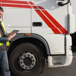 Kierowca w kamizelce odblaskowej sprawdza na tablecie szczegóły przewozu towarów przy białej ciężarówce.