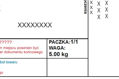 Fragment etykiety DPD z danymi nadawcy i odbiorcy, informacją o wadze paczki 5.00 kg oraz miejscem na symbol towaru.