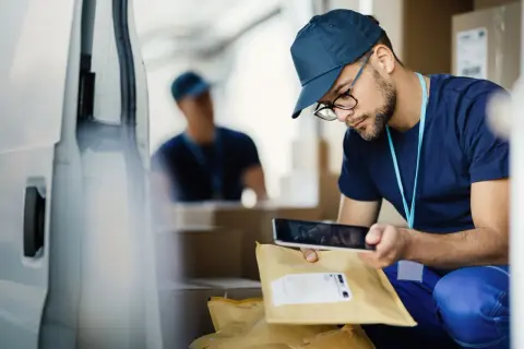 Kurier DHL skanuje paczkę na tablecie, przygotowując przekierowanie.
