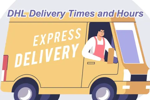 Żółty van z napisem "EXPRESS DELIVERY" i uśmiechniętym kurierem w fartuszku, symbolizujący godziny, do których pracują kurierzy DHL.