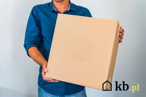 Mężczyzna w niebieskiej koszuli trzyma kartonowe pudełko. Idealne na poczta polska mini paczka.