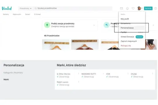 Na ekranie Vinted widać menu profilu z opcją "Personalizacja". To krok do założenia konta na Vinted i dostosowania go do swoich potrzeb.