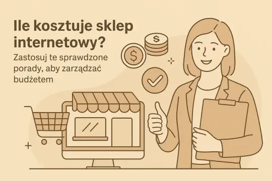 Grafika ilustruje prowadzenie sklepu internetowego. Kobieta z teczką i kciukiem w górę symbolizuje sukces w zarządzaniu budżetem.