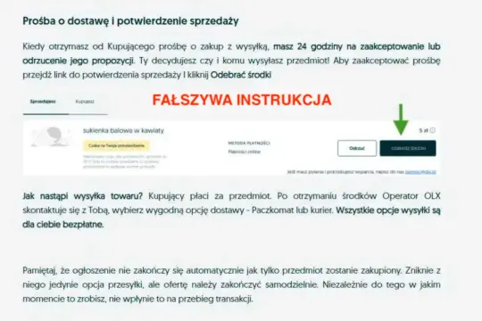 Ostrzeżenie przed oszustwami na OLX: fałszywa instrukcja nakłania do kliknięcia w podejrzany link i odebrania środków.