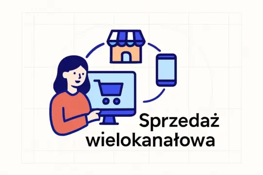 Kobieta korzysta z komputera, telefonu i sklepu stacjonarnego, co symbolizuje sprzedaż wielokanałową.