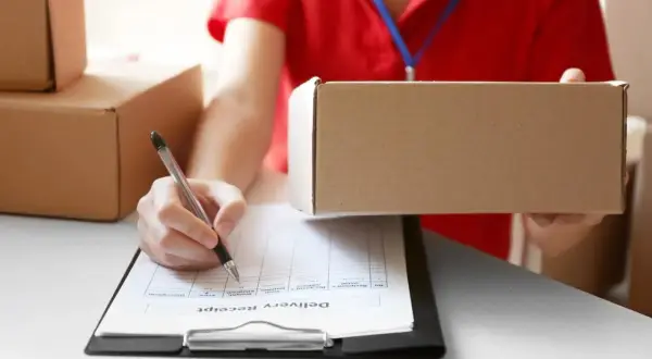 Kurier trzyma paczkę, a ręka z długopisem podpisuje dokument "Delivery Receipt". Paczka wydana do doręczenia.