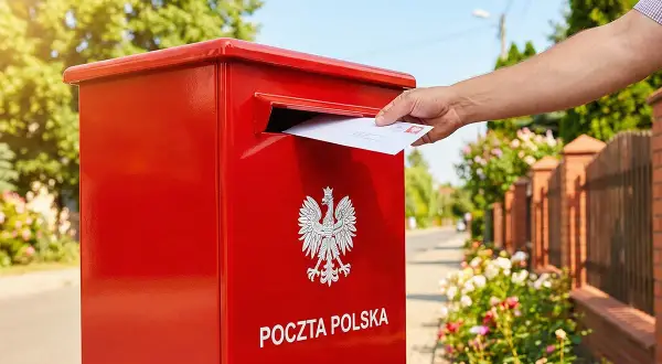 Mężczyzna wrzuca list do czerwonej skrzynki Poczty Polskiej. Kto to? Nadawca, który wysyła wiadomość.