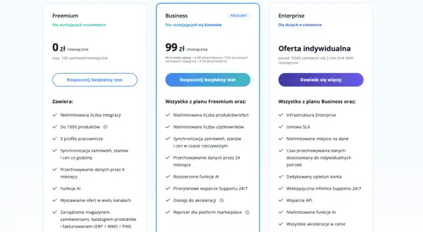 Porównanie planów cenowych: Freemium, Business i Enterprise. Dowiedz się, baselinker co to za narzędzie do e-commerce.
