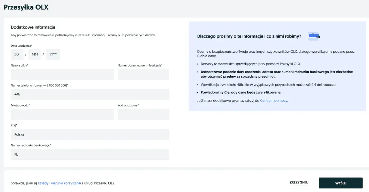 Formularz uzupełniania danych do przesyłki OLX: data urodzenia, adres, numer telefonu i konta bankowego. Pomaga to w procesie, jak założyć konto na OLX i weryfikacji.