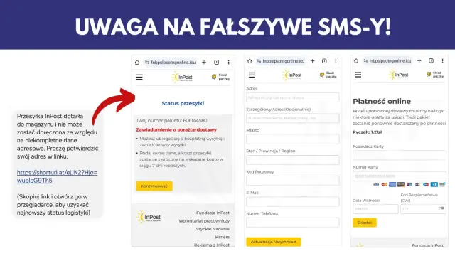 Ostrzeżenie przed oszustwami InPost! Fałszywa strona prosi o dane do płatności online, aby wyłudzić pieniądze. Nie podawaj danych!